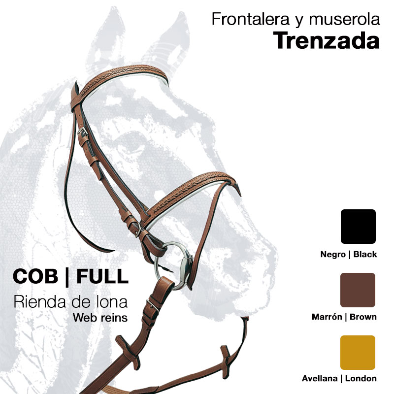 Freio para cavalo tipo COB FULL de lona com frontalera e muserola trenzada em várias cores