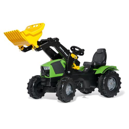 Trator de brinquedo infantil verde, preto e amarelo com pá articulada amarela