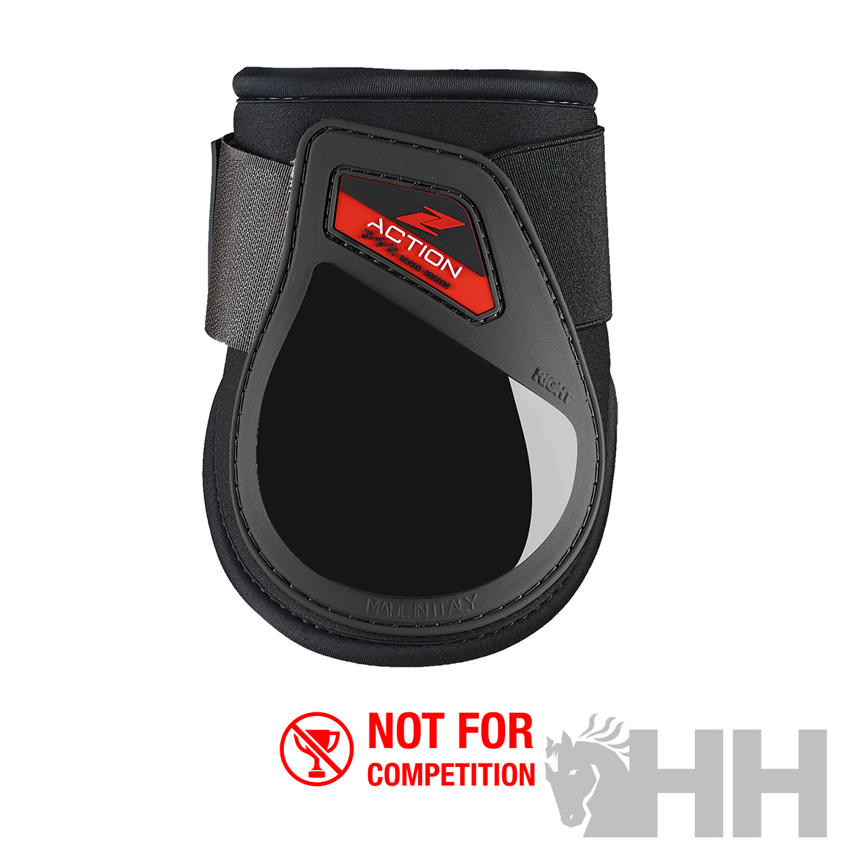 Proteção para casco de cavalo preta com etiqueta vermelha e texto