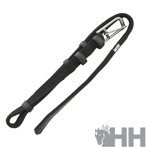 Correia preta com fecho metálico e argola, fundo branco com logotipo HH