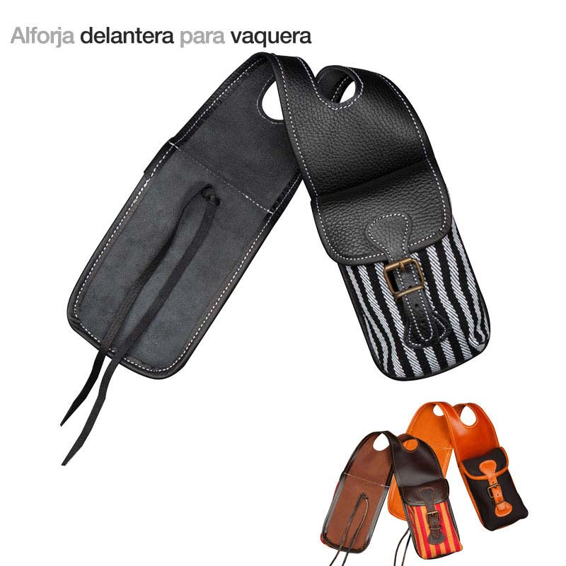 Alforje dianteira para vaquera em couro preto e tecido riscado, e dois modelos adicionais em castanho e laranja com fivelas