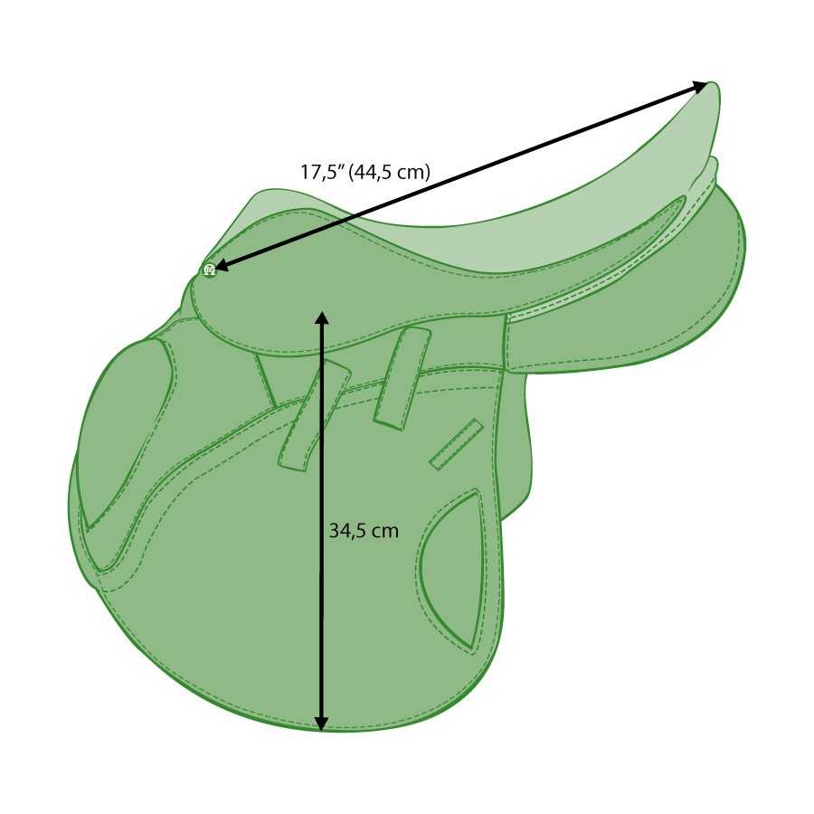 Sela equestre verde com medidas 17,5 (44,5 cm) e 34,5 cm indicadas