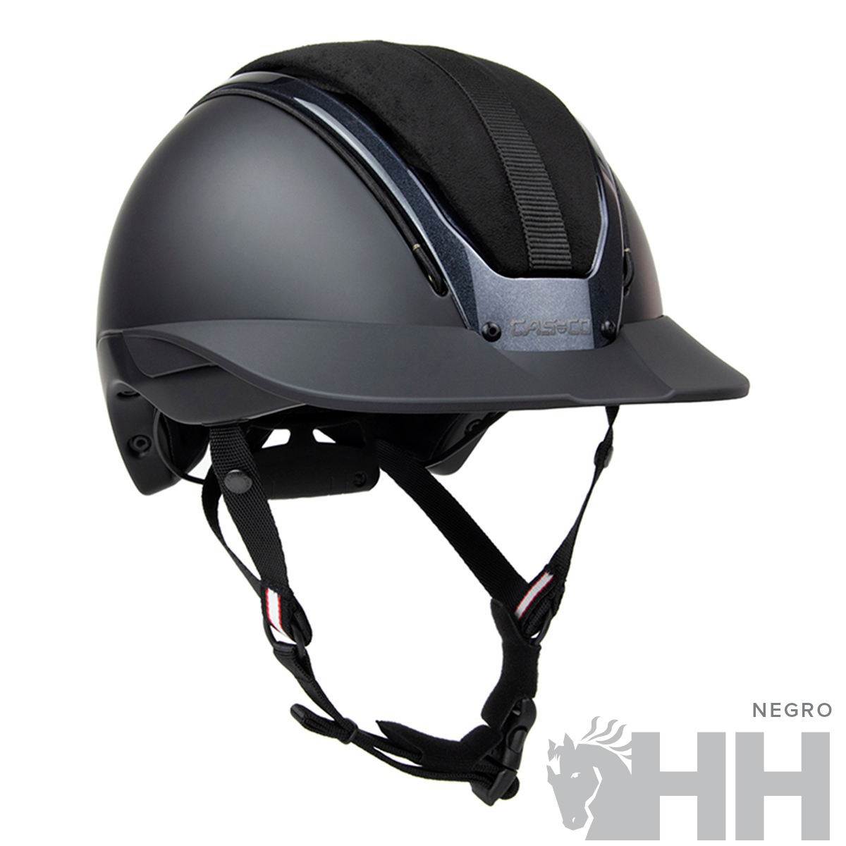 Capacete de equitação preto com viseira e correias ajustáveis