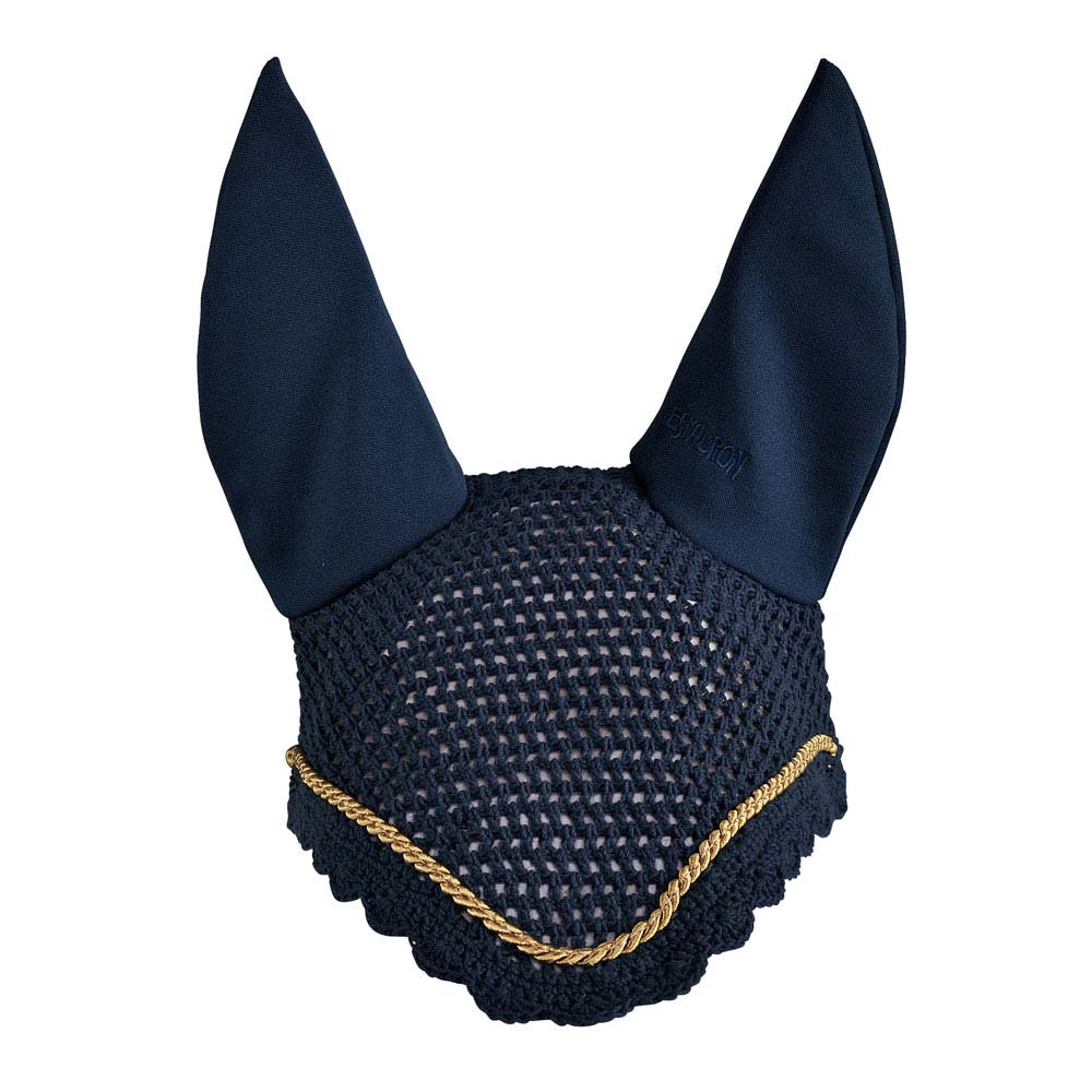 Protetor auricular azul escuro para cavalo com padrão de malha e cordão dourado