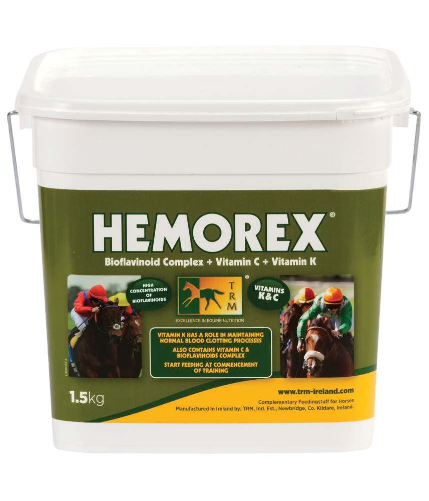 Embalagem plástica de suplemento para cavalos HEMOREX com rótulo verde e amarelo