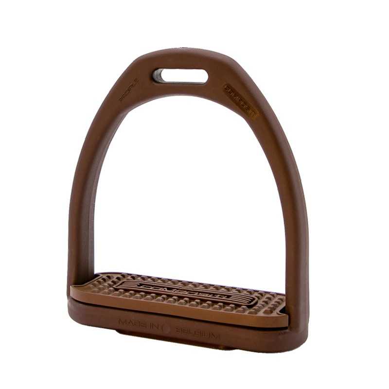 Estribo castanho de material resistente com base antiderrapante e design ergonómico