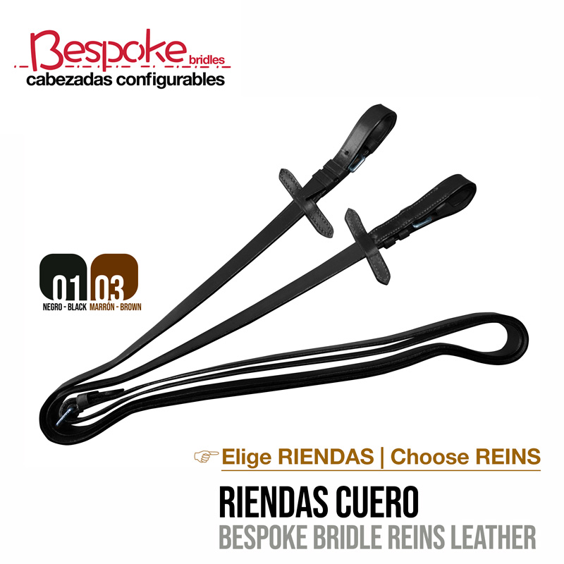 Rédeas de couro pretas da Bespoke bridles com texto promocional em fundo branco