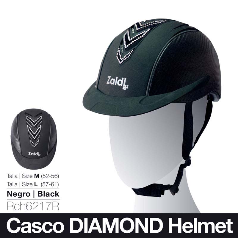 Capacete de equitação preto Zaldi com padrão decorativo e cinto ajustável