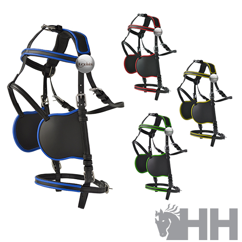 Arreios de equitação acolchoados em preto com detalhes coloridos e logotipo lexhis.