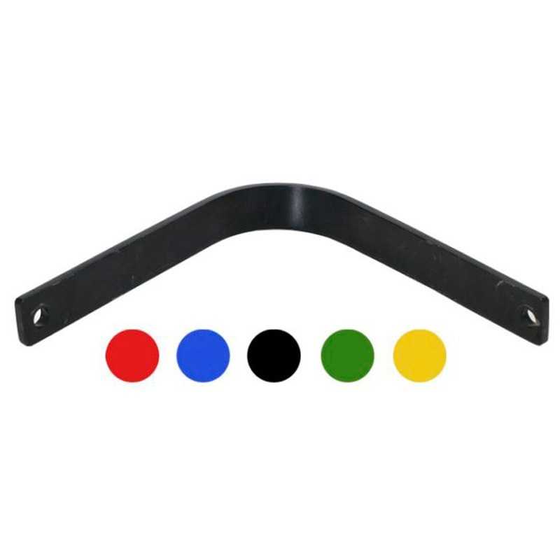 Suporte metálico angulado preto com cinco círculos coloridos em fundo branco