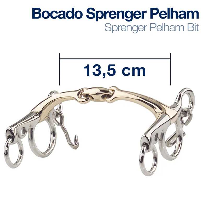 Bocado Sprenger Pelham em metal prateado e dourado com 13,5 cm