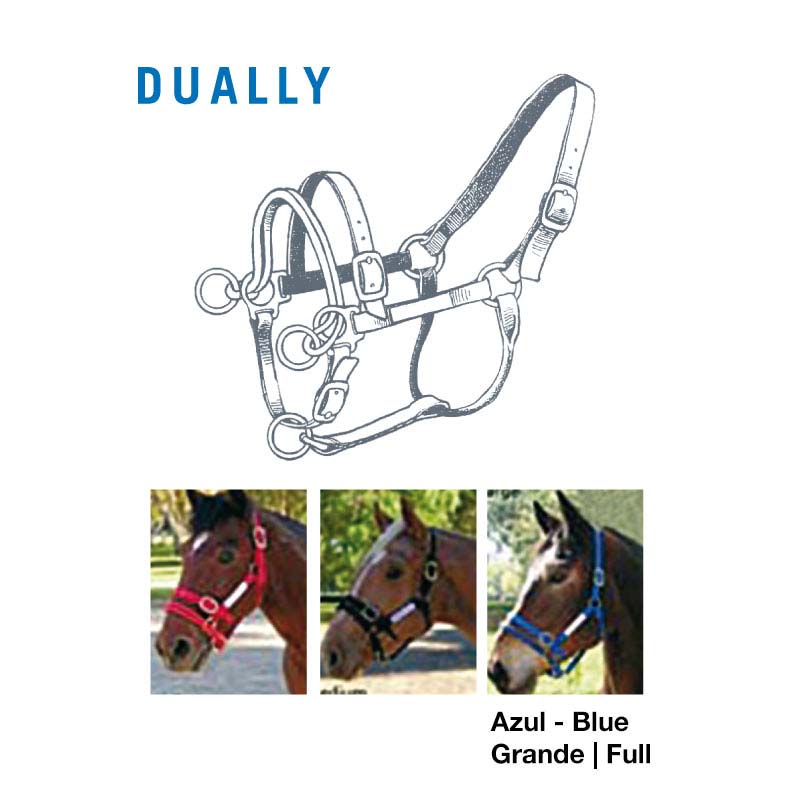 Cabresto para cavalo nas cores vermelho, castanho e azul, com texto DUALLY e descrição Azul - Blue Grande | Full