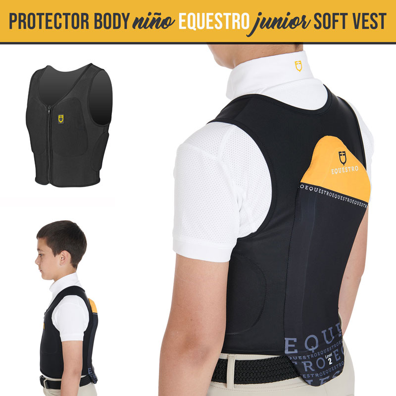 Colete de proteção corporal infantil Equestro Junior Soft Vest preto com detalhes amarelos