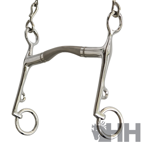 Freio de cavalo em metal prateado com corrente e argolas grandes