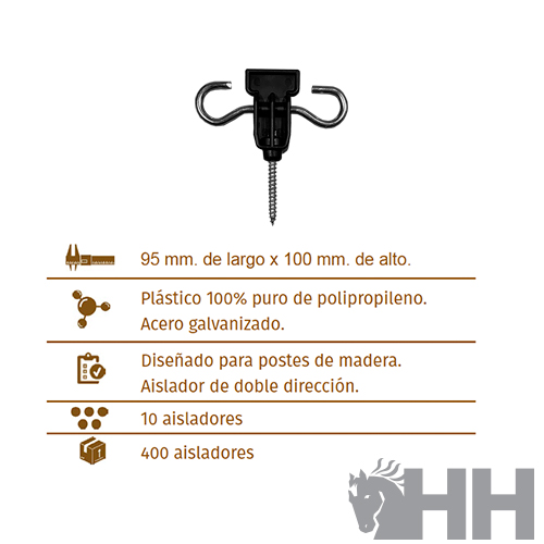 Isolador de plástico preto com gancho de aço galvanizado para postes de madeira, com texto descritivo em castelhano e logo HH no fundo branco