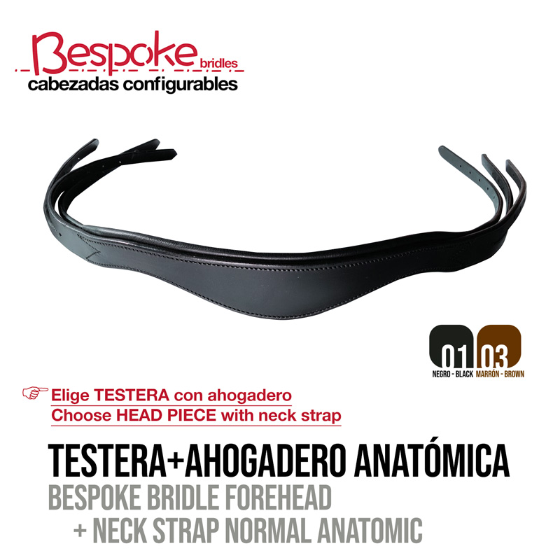 Cabeçada Bespoke com testera e ahogadero anatómica em couro preto e castanho