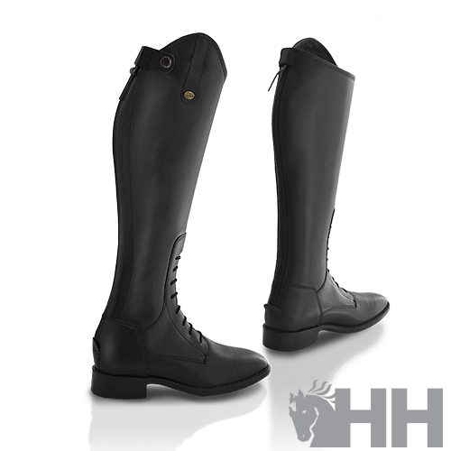 Botas altas pretas em couro com atacadores e fecho lateral
