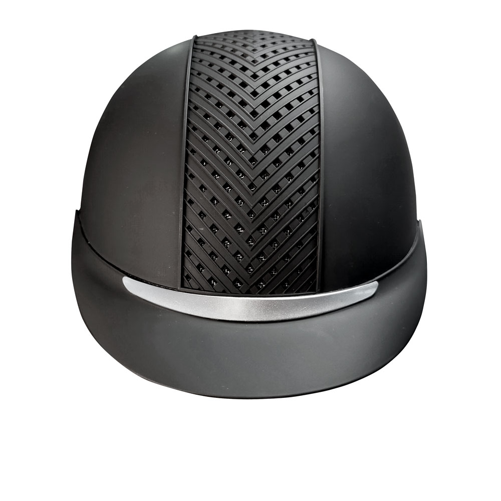 Capacete de equitação preto com faixa central chevron e detalhe prateado