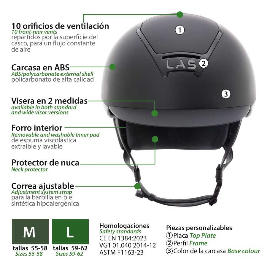 Capacete preto com ventilação e correia ajustável em pele sintética.