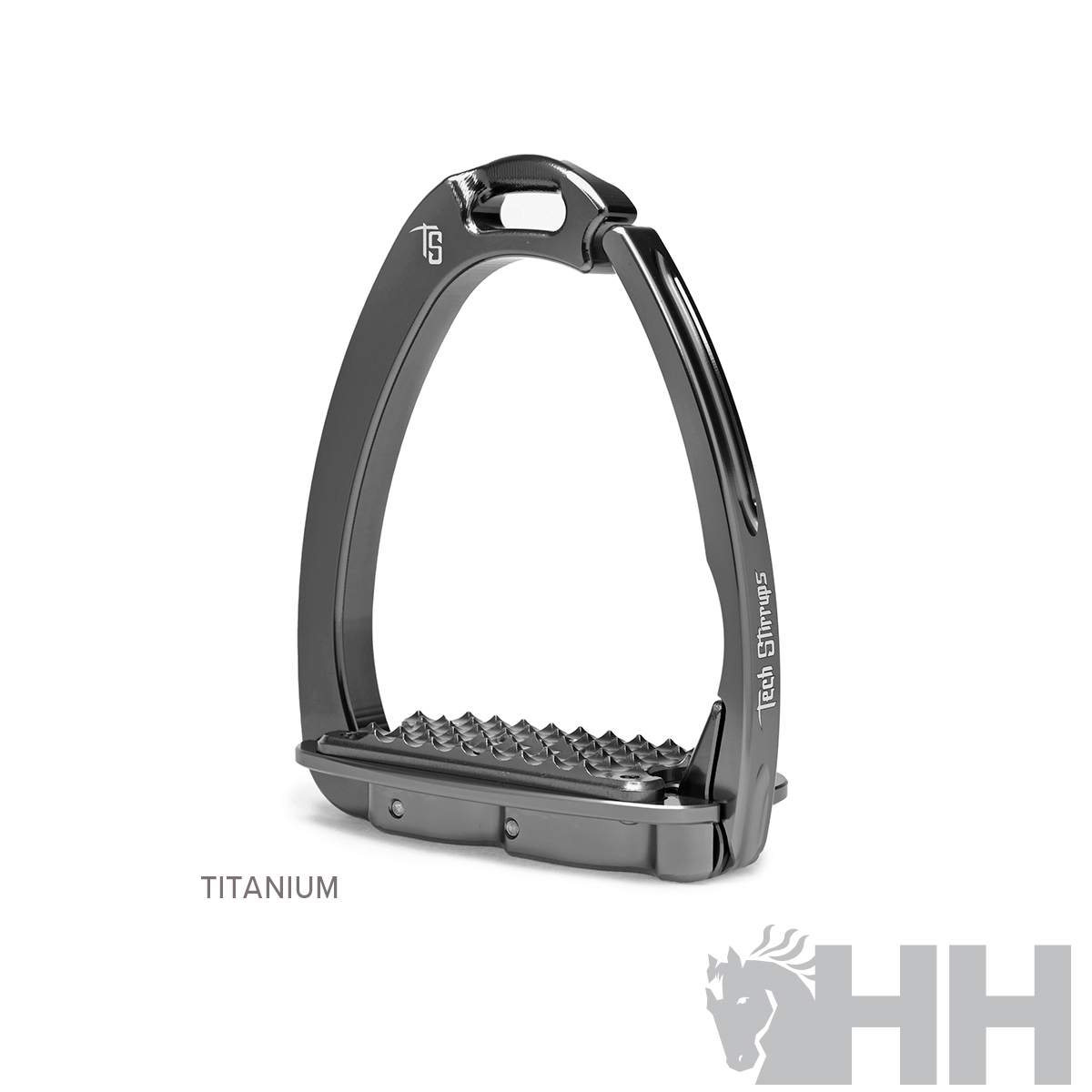 Estribo para cavalo em titânio cinza escuro com textura antiderrapante