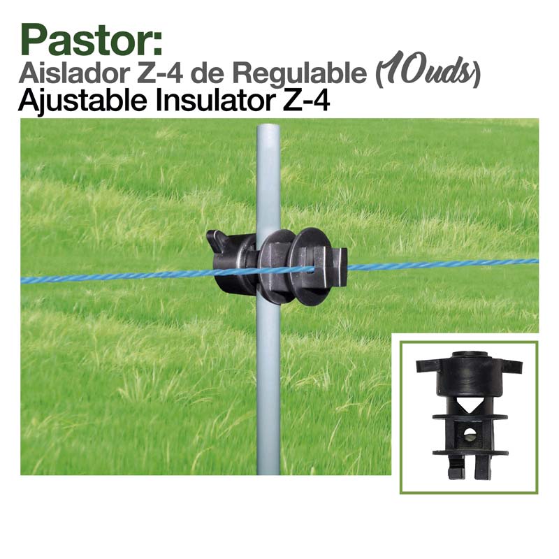 Isolador ajustável Z-4 preto para cerca elétrica com fio azul e poste metálico cinza em relvado