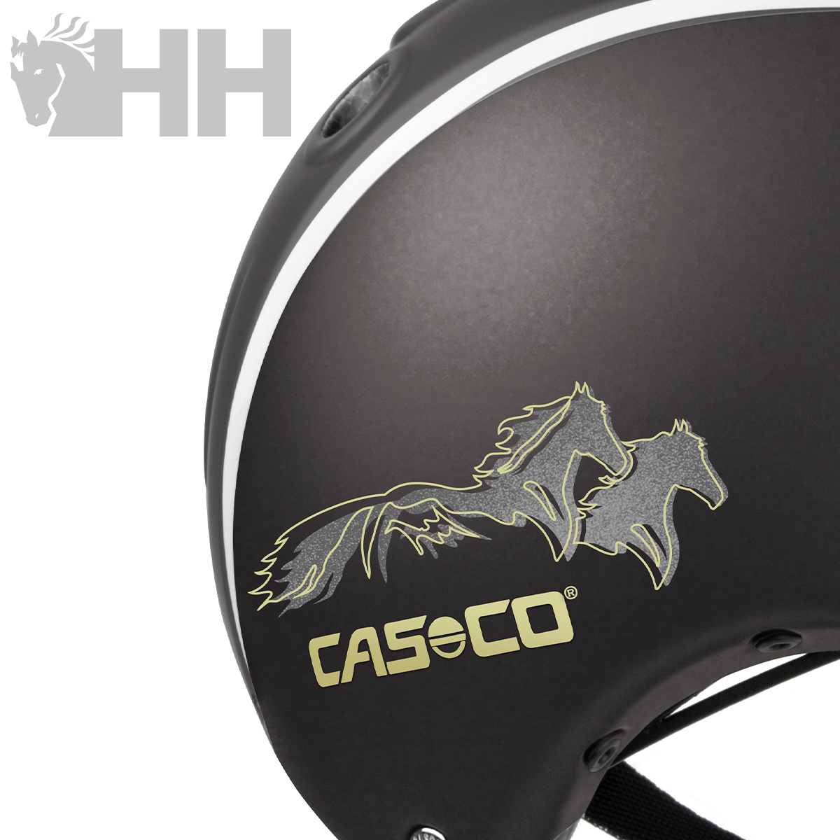 Capacete preto para equitação com logotipo CASCO e desenho de cavalos