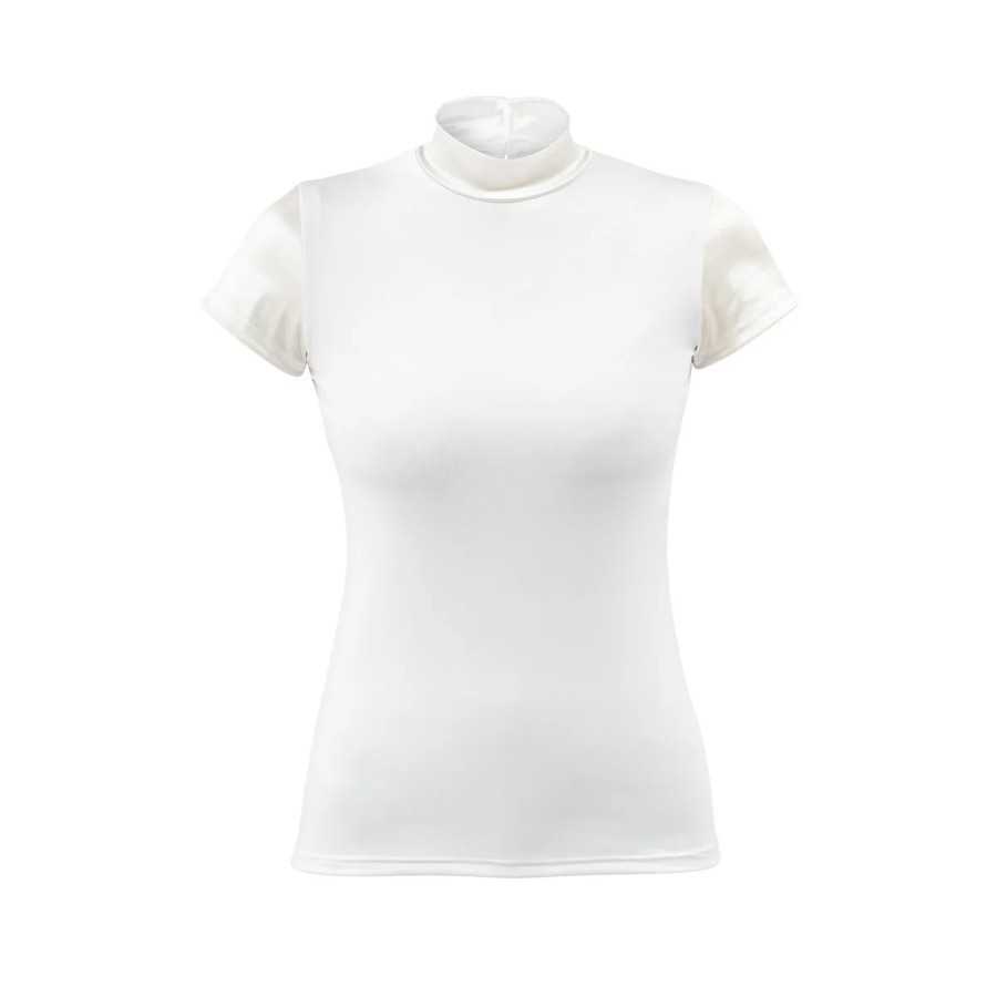 T-shirt feminina branca de gola alta e mangas curtas