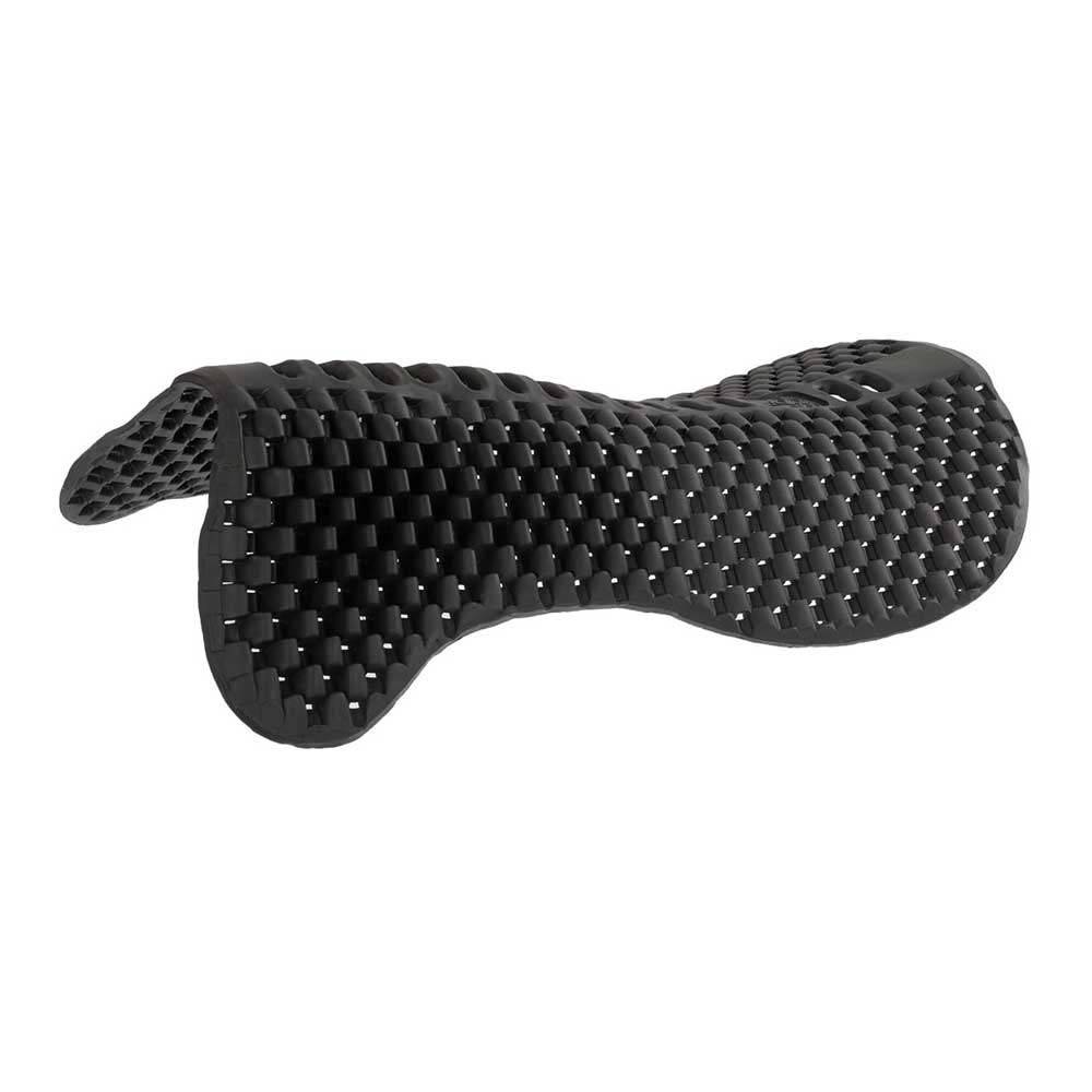 Tapete preto com padrão de malha tridimensional e design curvado.
