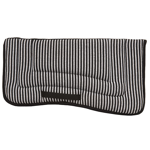 Manta para sela com padrão de riscas pretas e cinza e bolso de velcro preto