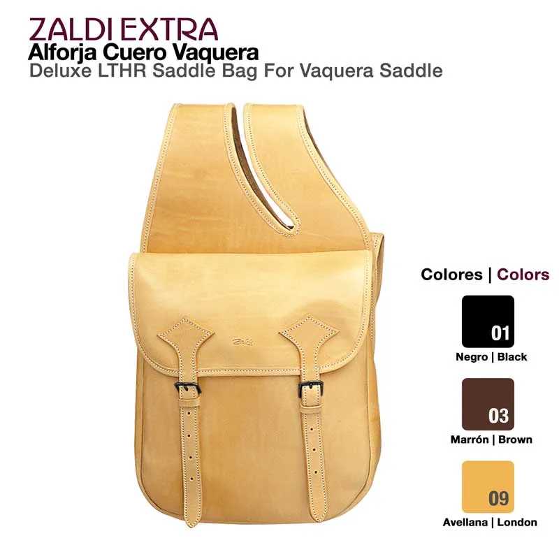 Bolsa de sela em pele avellana com fivelas e texto de marca e cores.