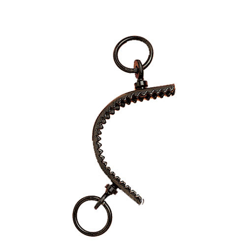 Peça metálica dentada curva com duas argolas castanhas