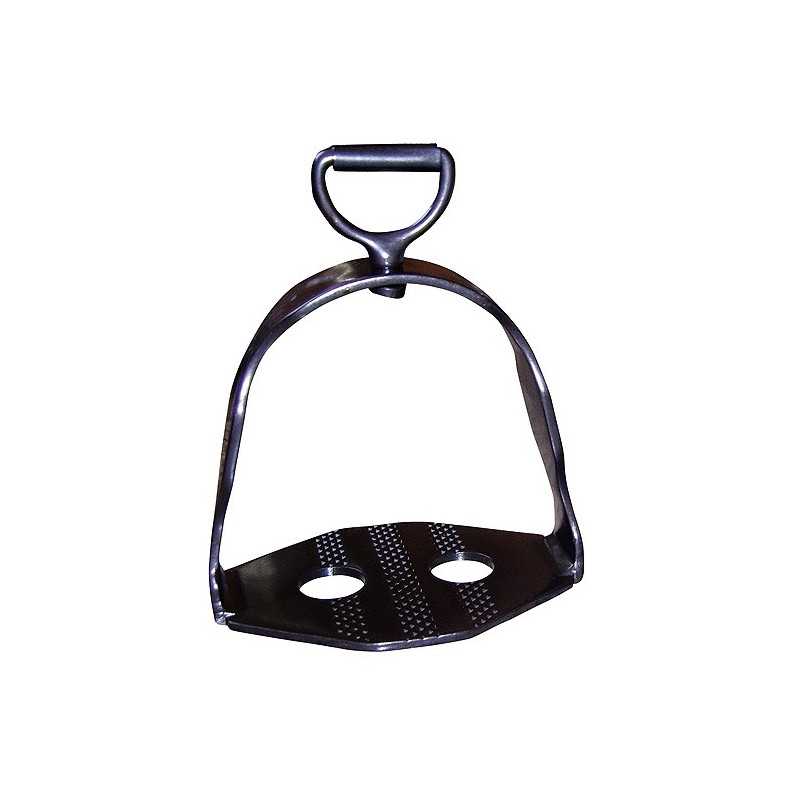 Estribo para equitação em metal preto com aberturas ovais na base