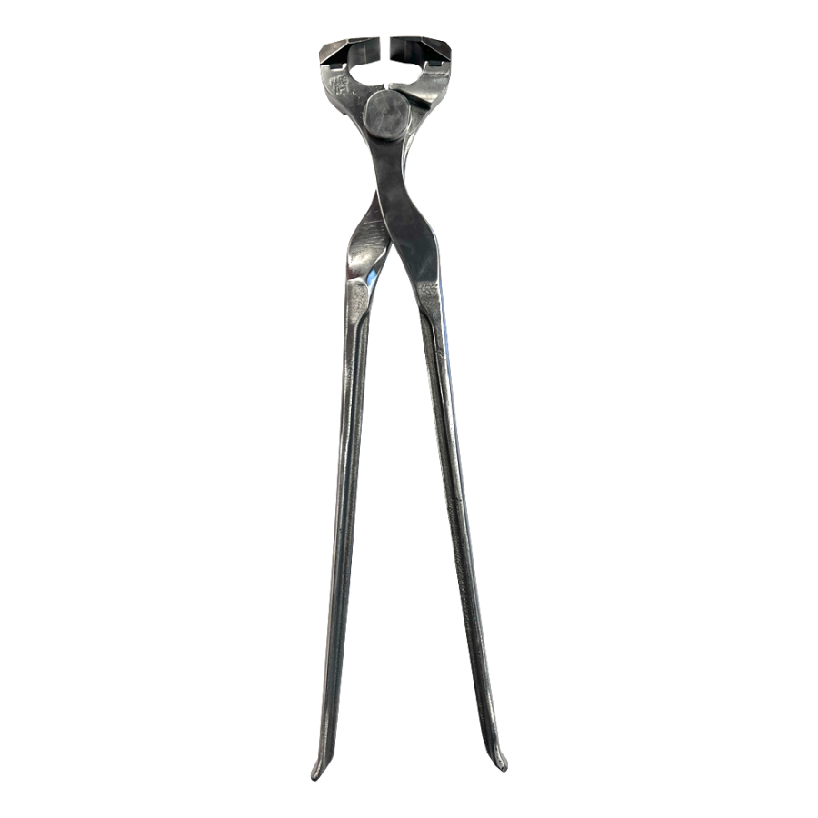 Alicate de corte para arames esmaltados em metal prateado, com cabo longo.