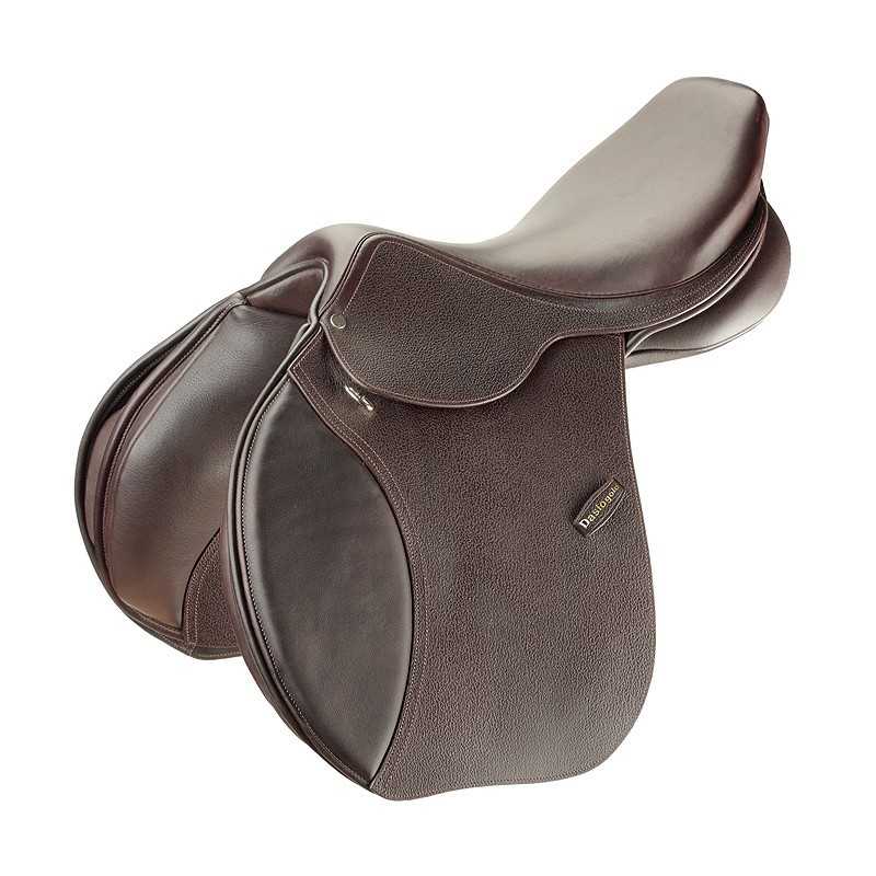 Sela de equitação em couro castanho escuro com aba ampla