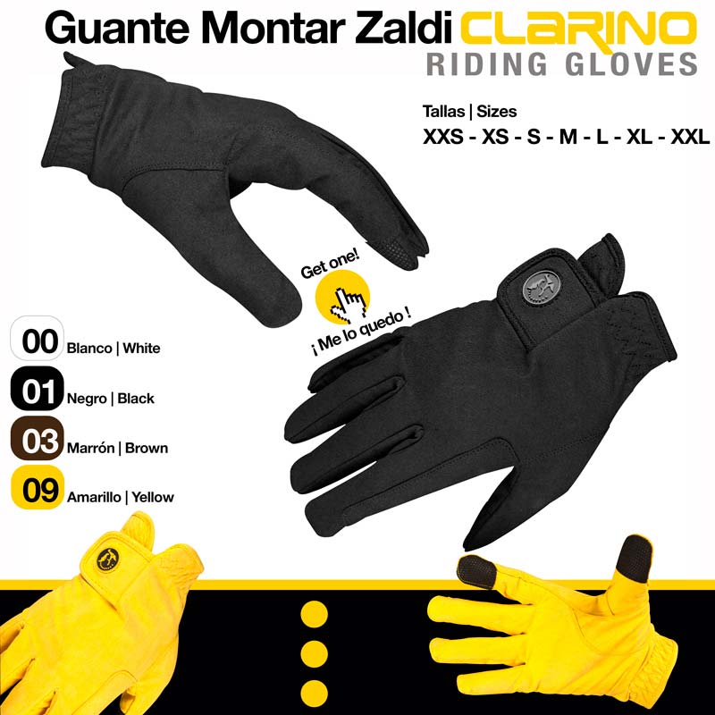 Luvas de montar Zaldi Clarino em várias cores com tamanho XXS a XXL.