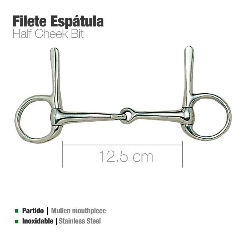 Filete espátula metálico inoxidável com texto explicativo e medida 12,5 cm em fundo branco