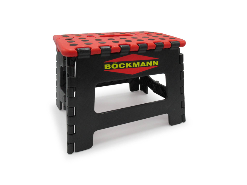 banco pequeno dobrável de plástico vermelho e preto com marca BÖCKMANN