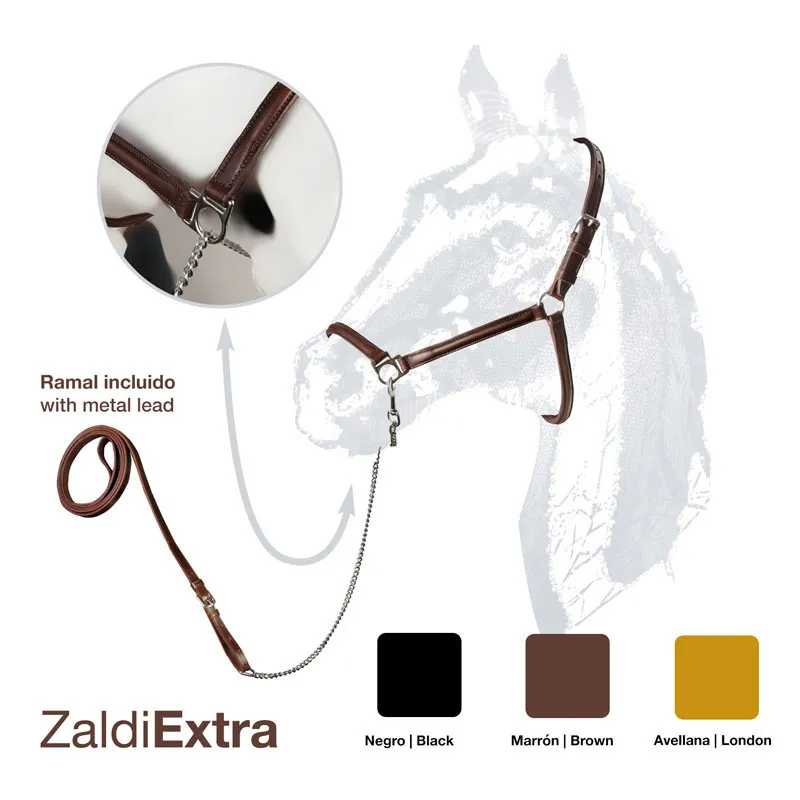 Cabresto de cavalo em pele castanha com corrente metálica e ramal, com texto e opções de cores