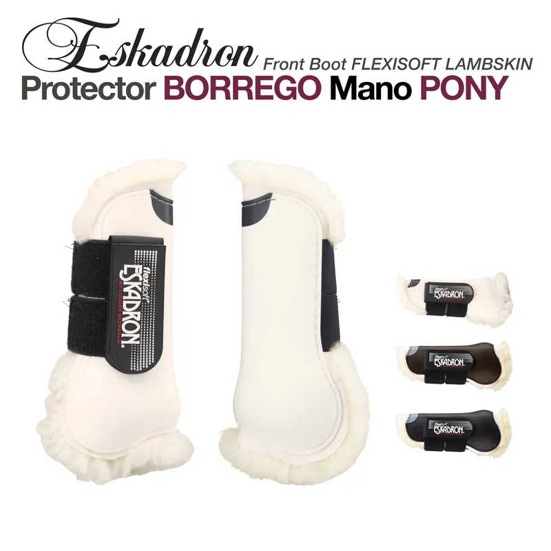 Protetores frontais Eskadron Flexisoft lambskin brancos com detalhes pretos e forro de borrego.