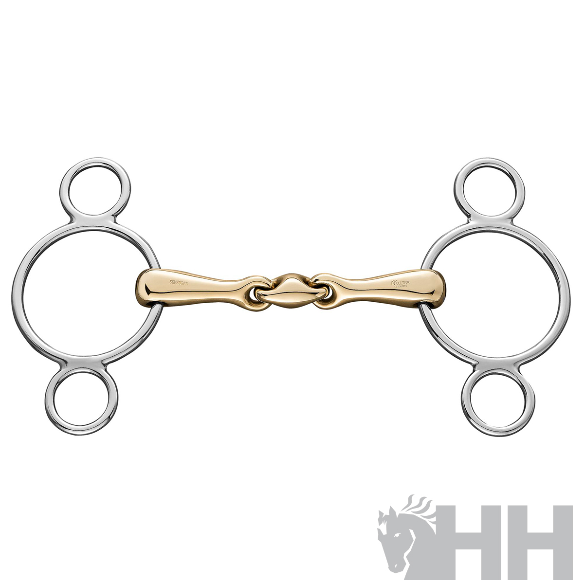 Freio de equitação em metal prateado e dourado, fundo branco