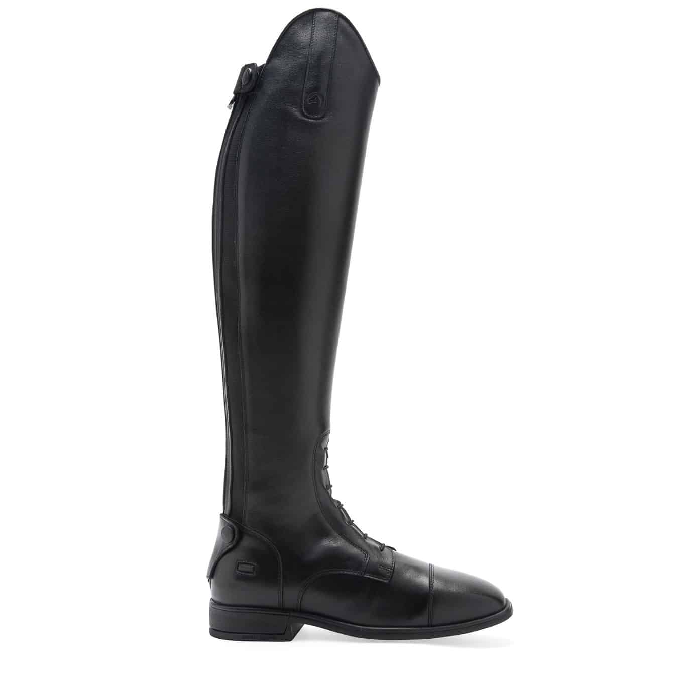 Bota equestre masculina preta em couro liso com fecho e costuras detalhadas