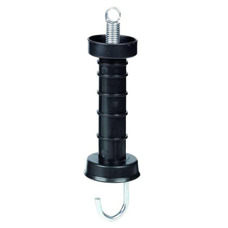 Isolador de cerca elétrica preto com mola e gancho metálicos