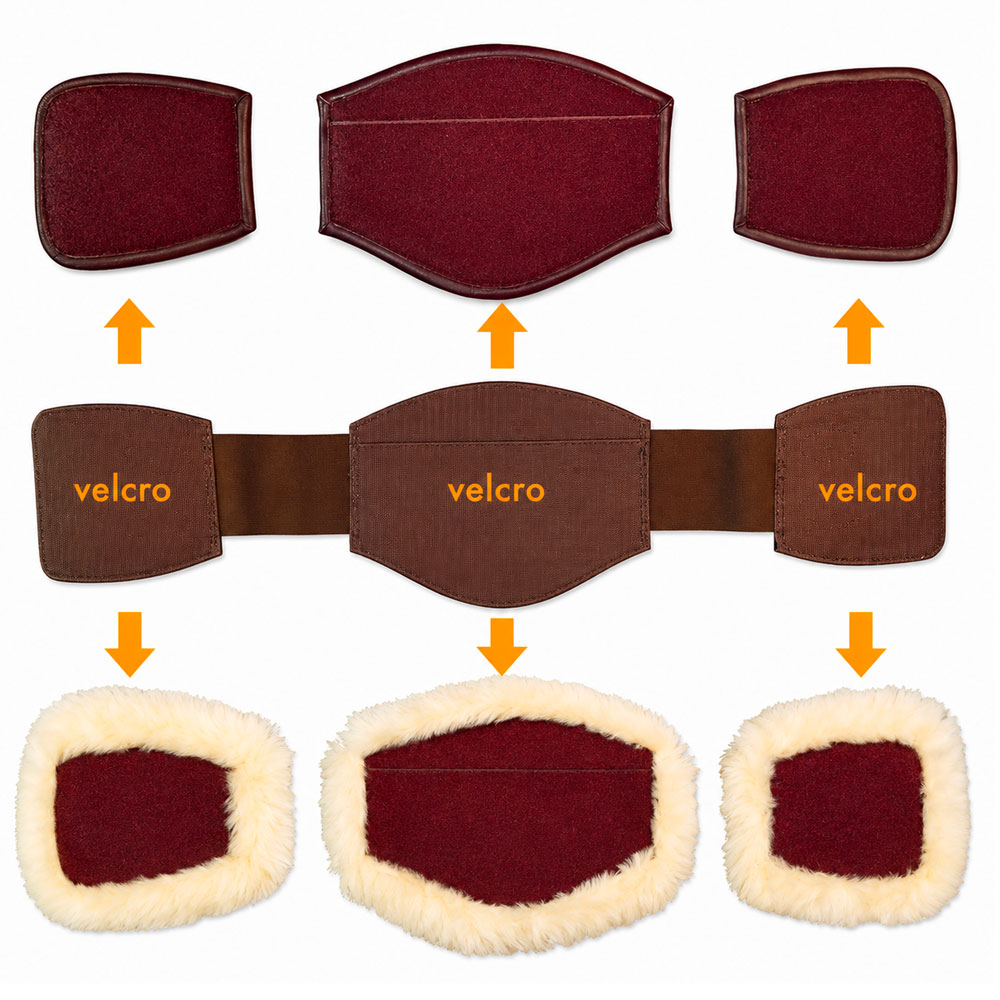 Conjunto de almofadas de velcro castanhas, feltro vermelho e pelúcia branca