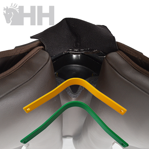 Dois suportes em forma de V amarelo e verde sobre couro castanho com fundo branco e logo HH