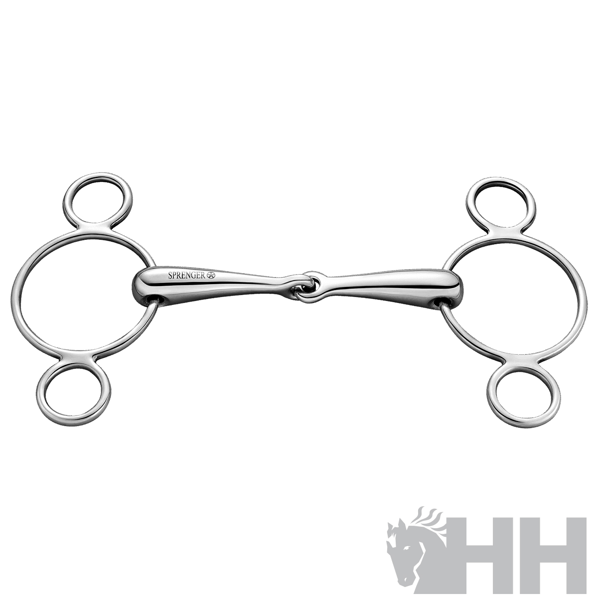 freio metálico prateado para cavalo com argolas e peça central articulada