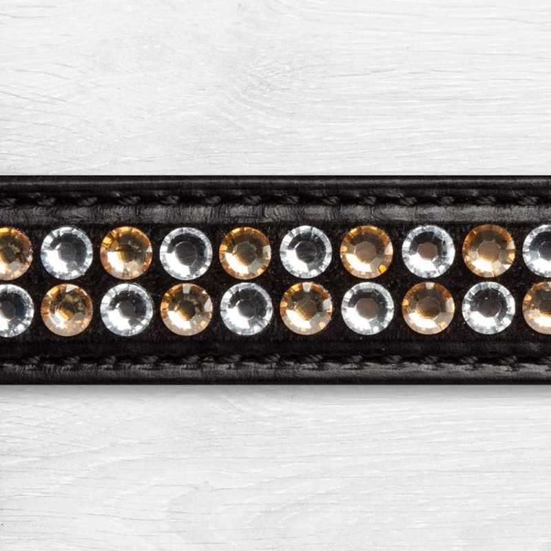 Cinta preta com pedras douradas e prateadas brilhantes em duas filas