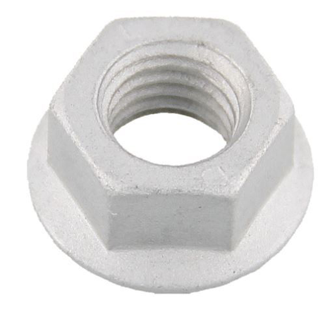 Porca hexagonal metálica prateada com base alargada