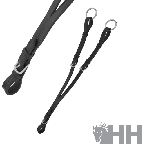 Correias pretas de couro com fivelas metálicas e argolas em fundo branco com logótipo HH