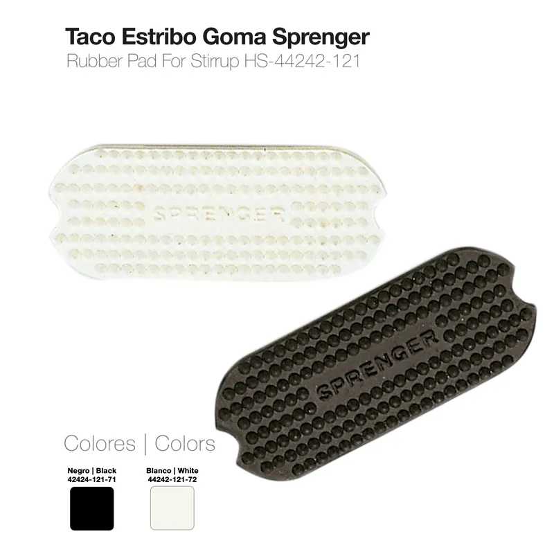 Taco estribo de borracha Sprenger preto e branco com textura pontilhada e logo em relevo.