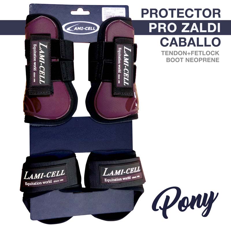 Conjunto de proteções para cavalo Pro Zaldi em neoprene vinho com alças pretas e etiquetas Lami-Cell em embalagem azul.